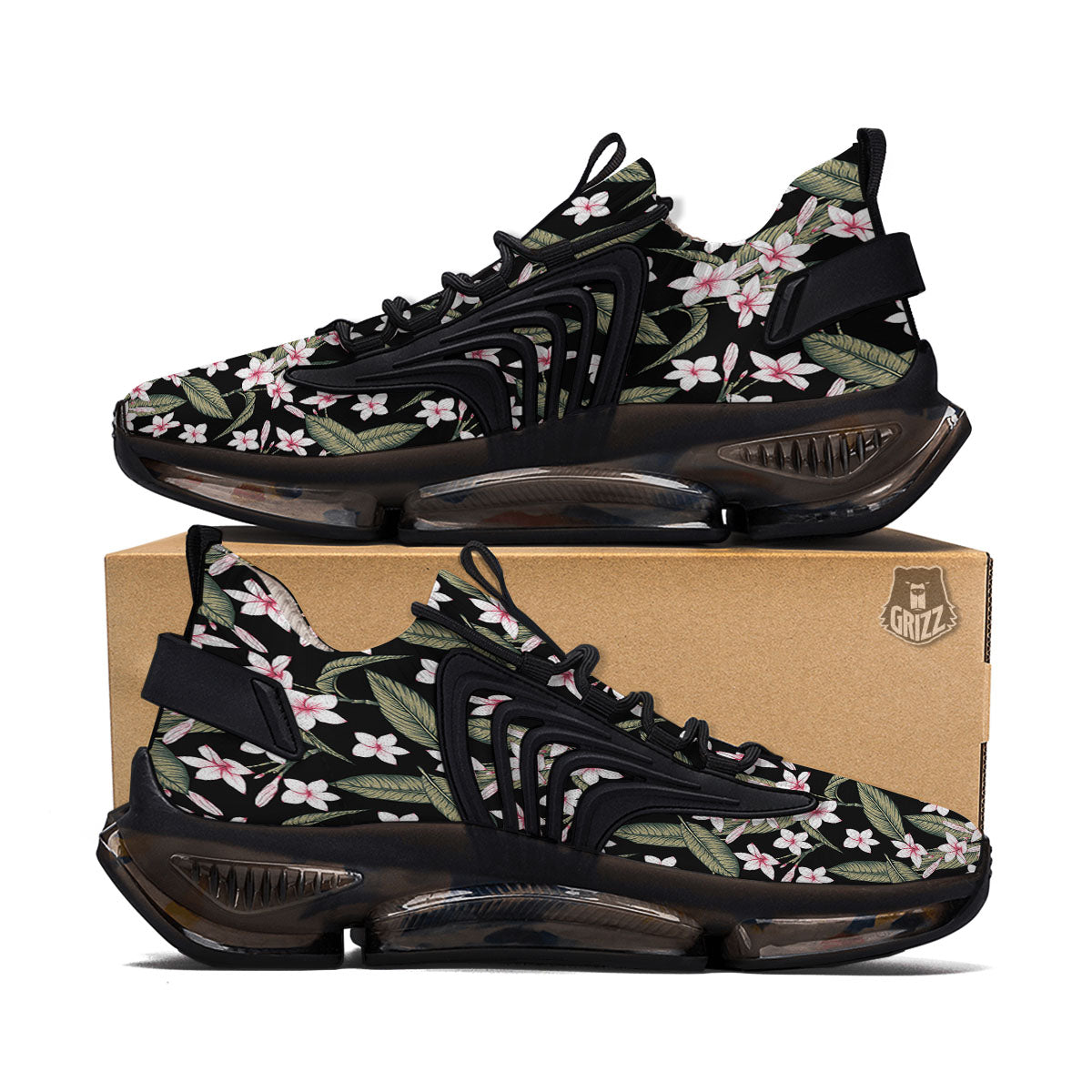 Flower Frangipani Print Pattern Black Gym Shoes-grizzshop