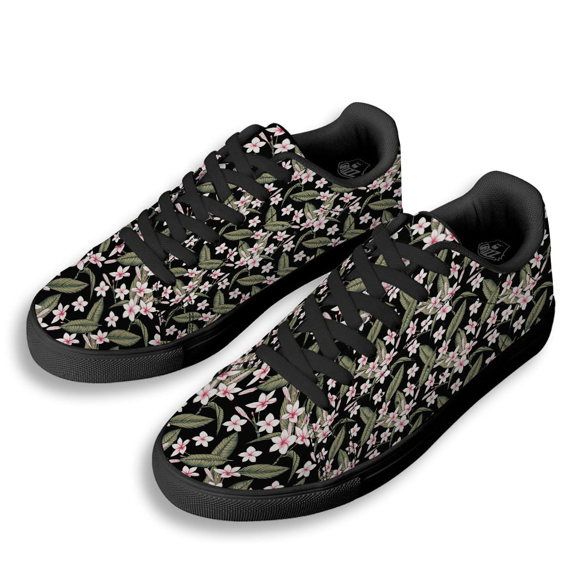 Flower Frangipani Print Pattern Black Low Top Sneakers-grizzshop