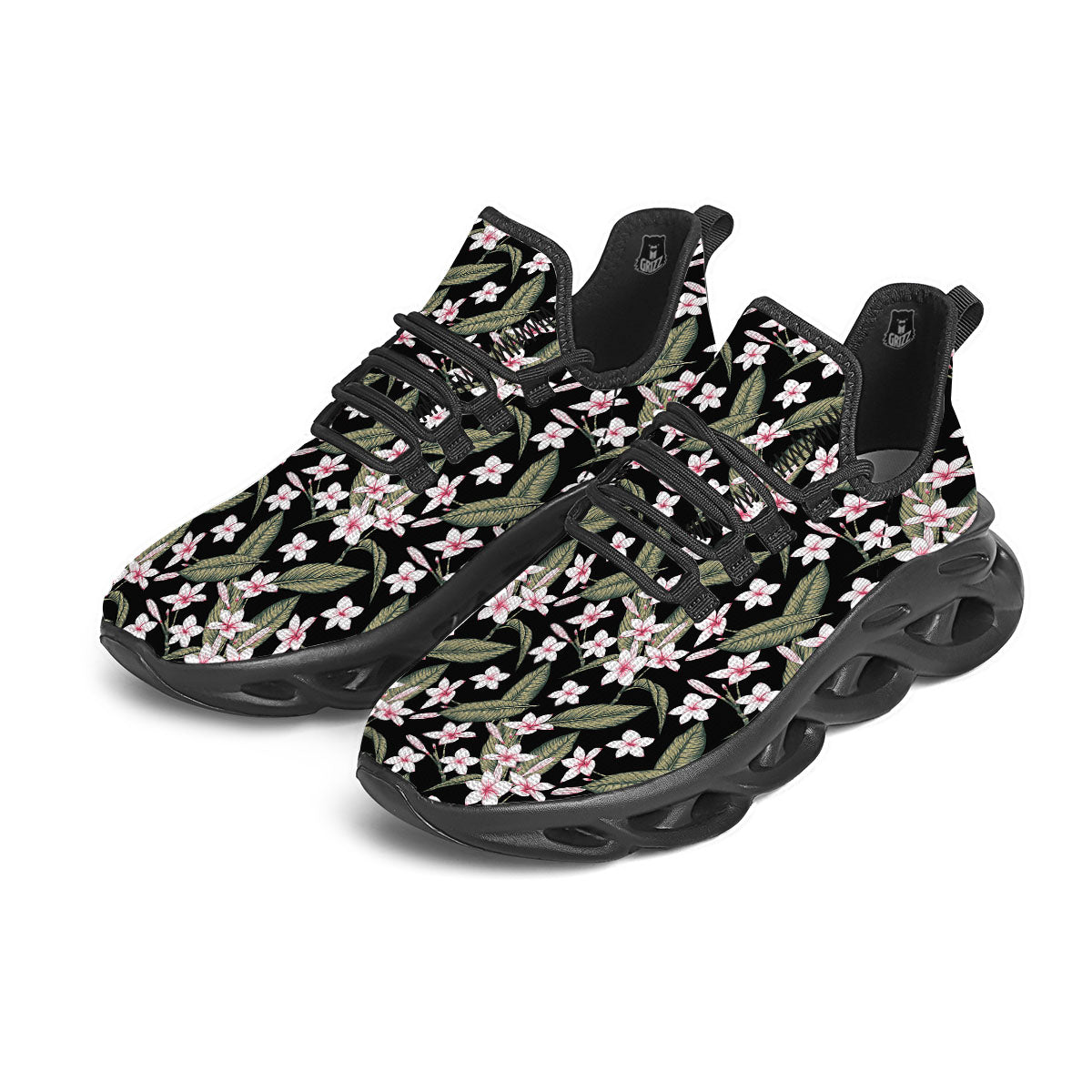 Flower Frangipani Print Pattern Black Running Shoes-grizzshop