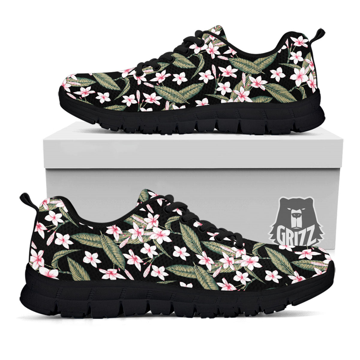 Flower Frangipani Print Pattern Black Sneaker-grizzshop