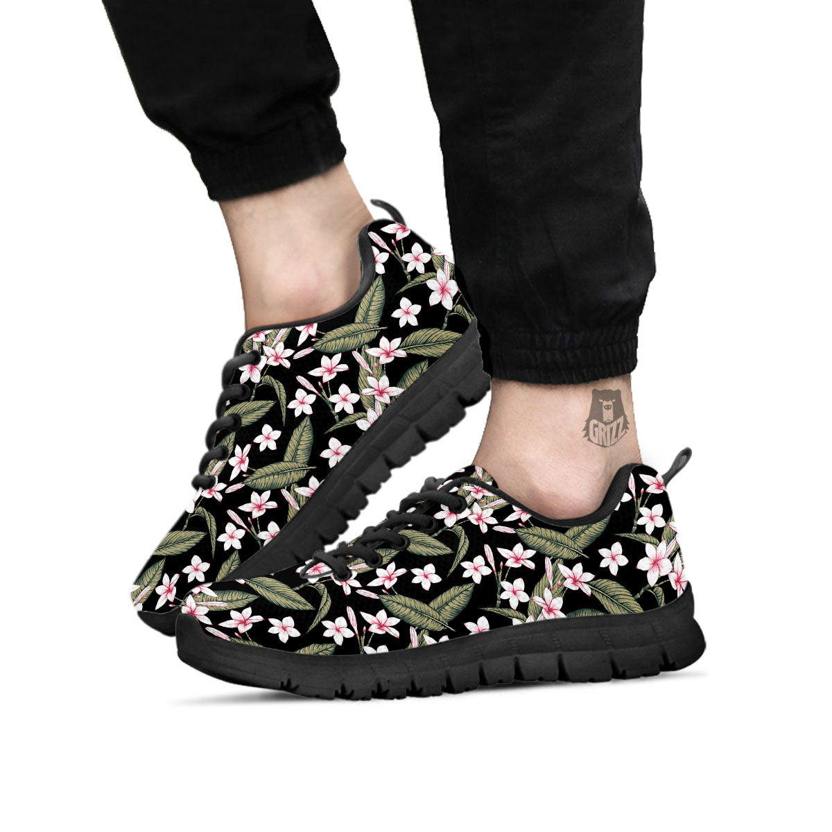 Flower Frangipani Print Pattern Black Sneaker-grizzshop