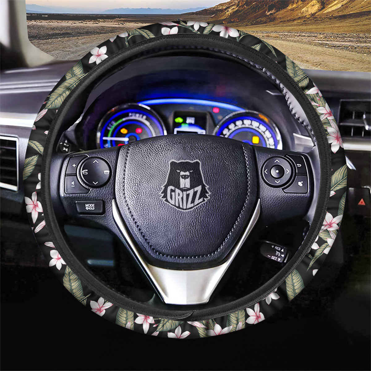 Flower Frangipani Print Pattern Car Steering Wheel Cover-grizzshop