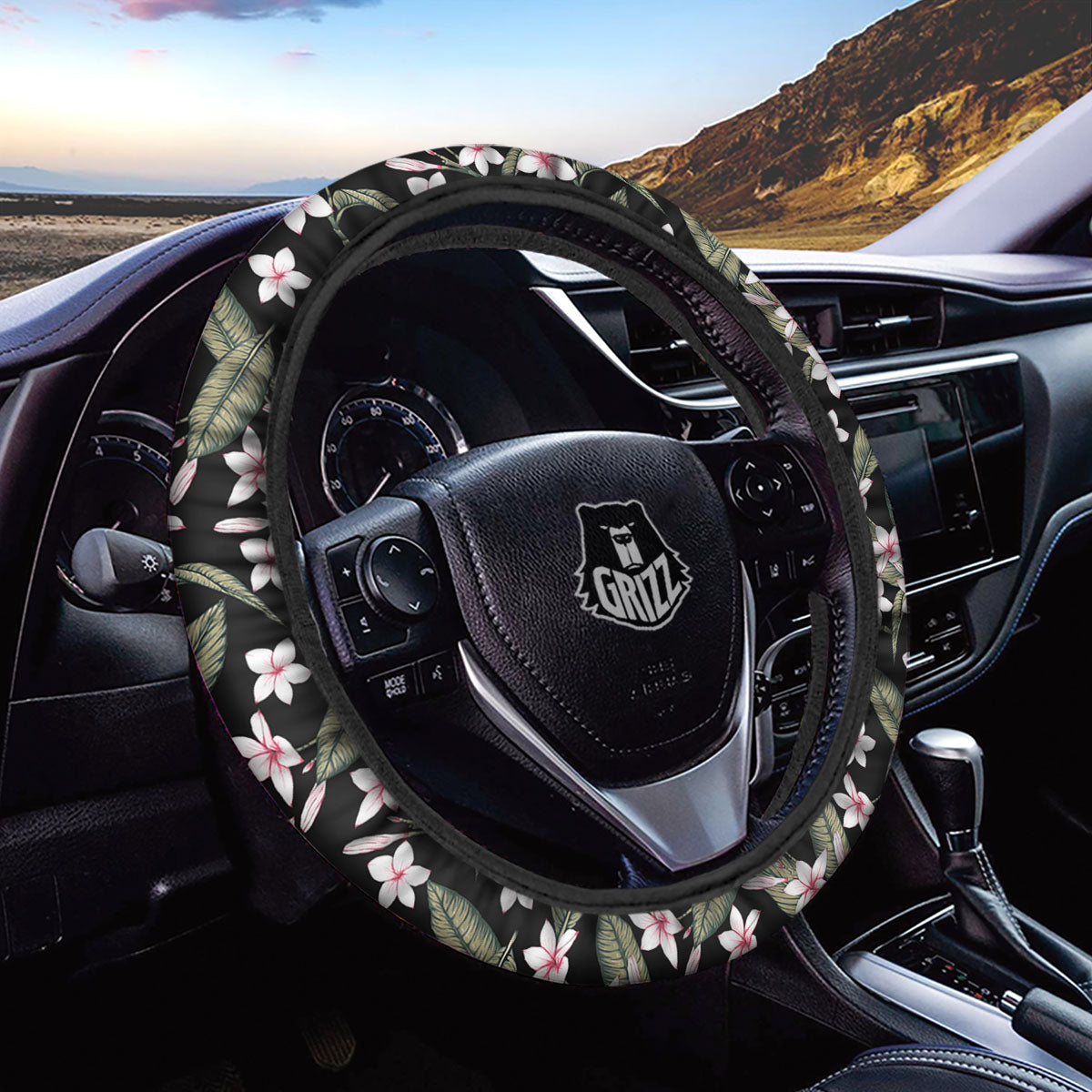 Flower Frangipani Print Pattern Car Steering Wheel Cover-grizzshop