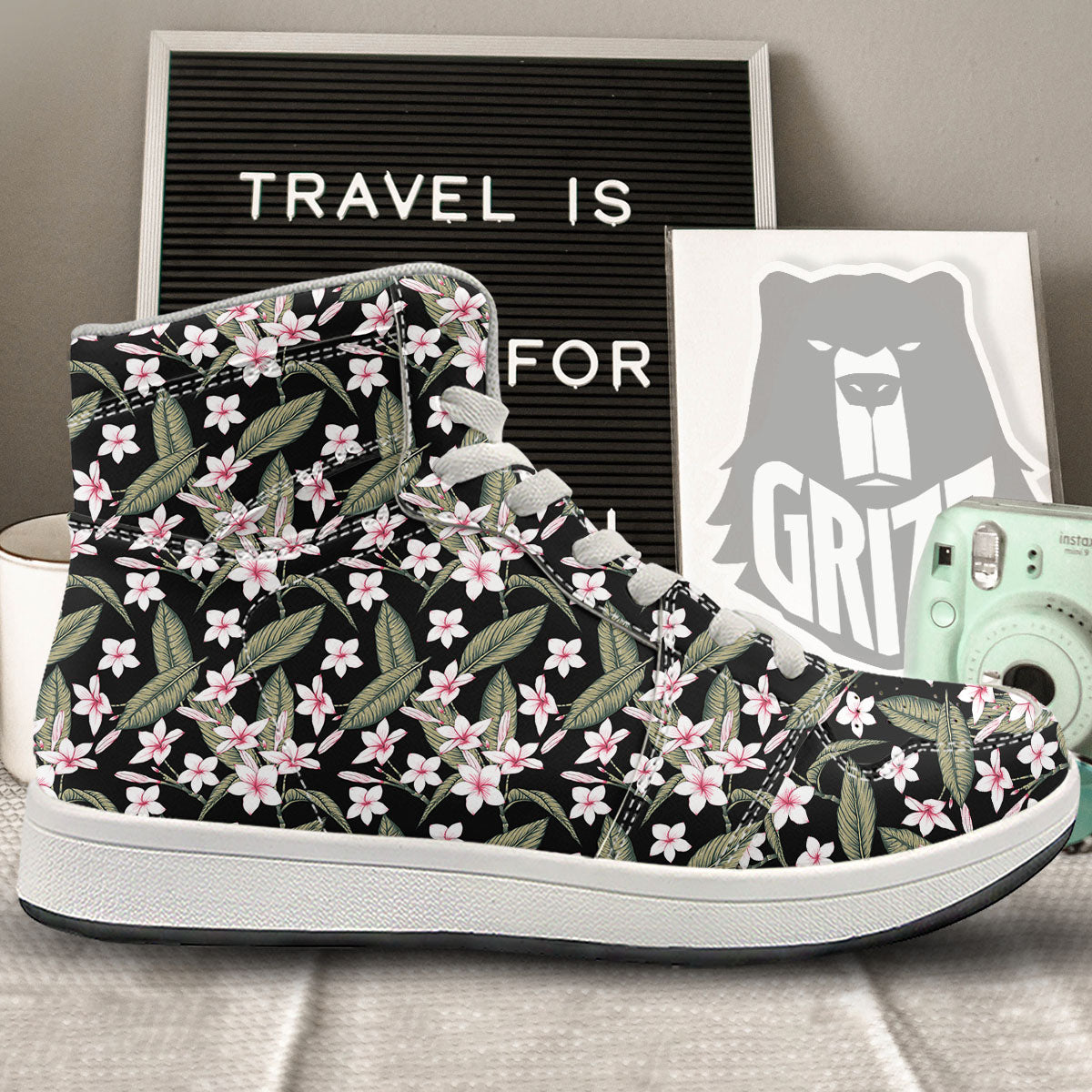 Flower Frangipani Print Pattern High Top Sneakers-grizzshop
