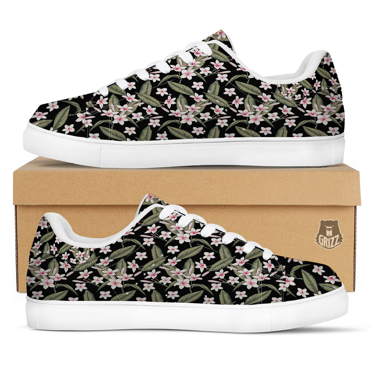 Flower Frangipani Print Pattern White Low Top Sneakers-grizzshop