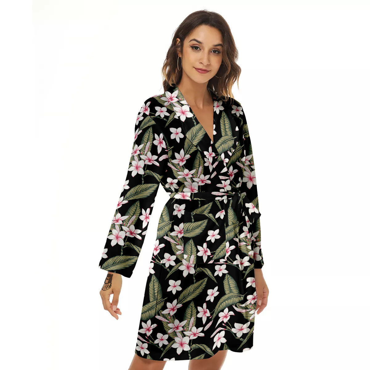 Flower Frangipani Print Pattern Women's Robe-grizzshop