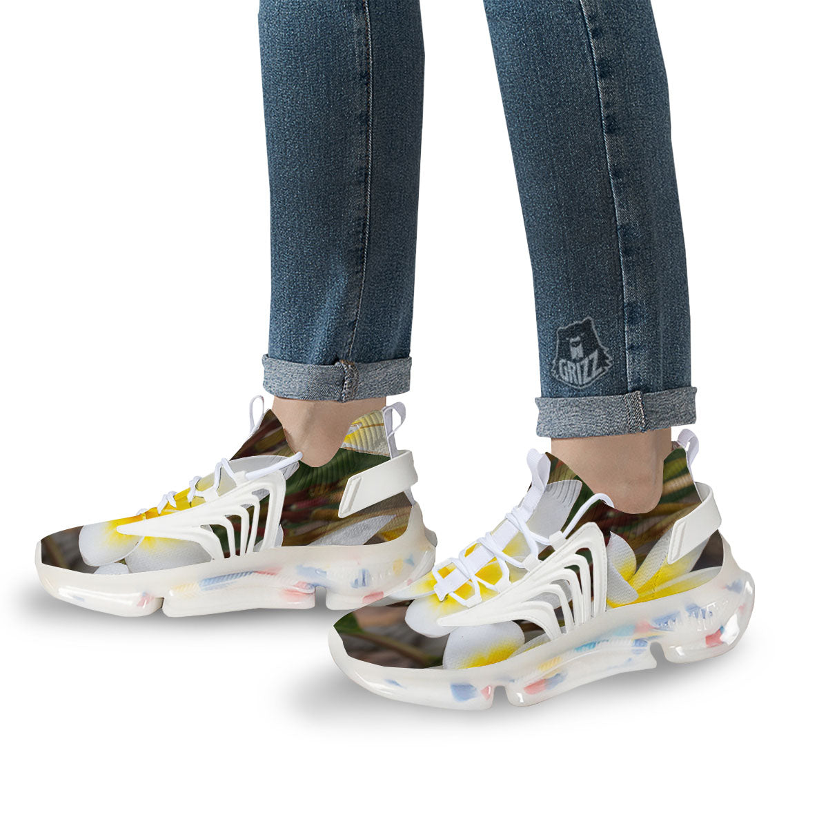 Flower Frangipani Print White Gym Shoes-grizzshop