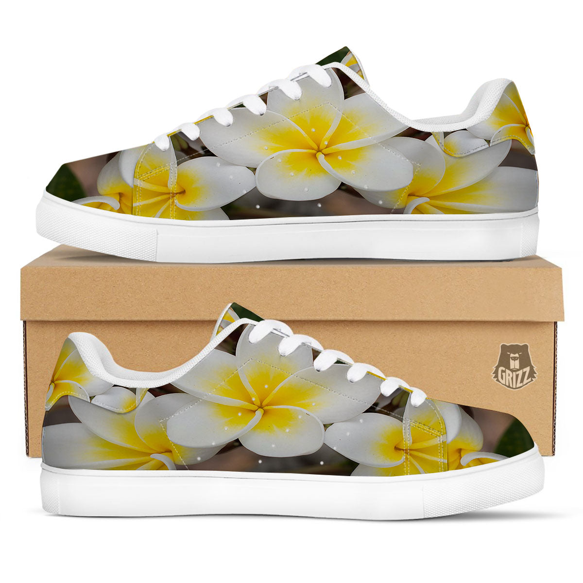 Flower Frangipani Print White Low Top Sneakers-grizzshop