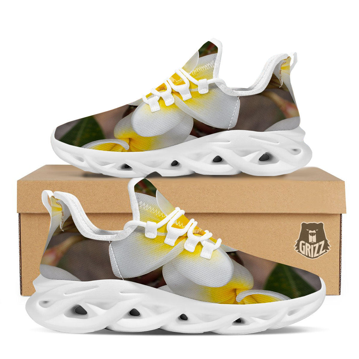 Flower Frangipani Print White Running Shoes-grizzshop