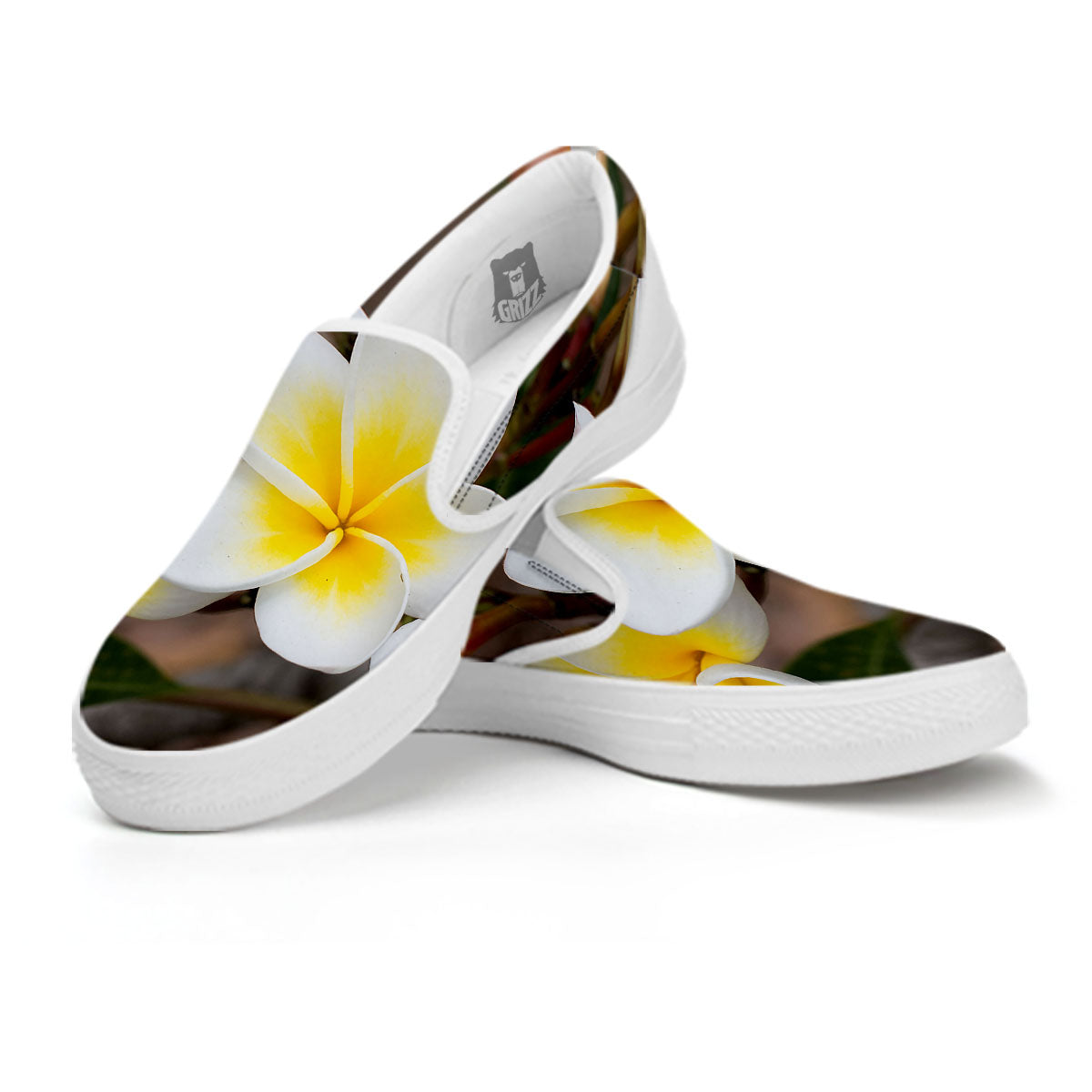 Flower Frangipani Print White Slip On Shoes-grizzshop