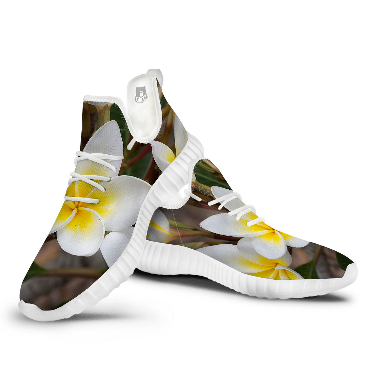 Flower Frangipani Print White Walking Shoes-grizzshop