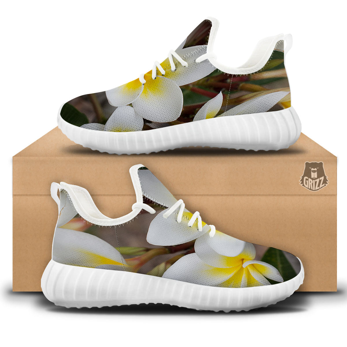 Flower Frangipani Print White Walking Shoes-grizzshop