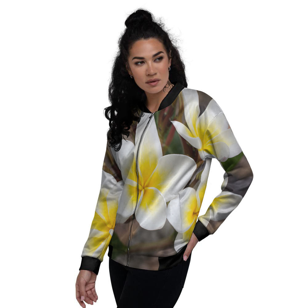 Flower Frangipani Print Women's Bomber Jacket-grizzshop