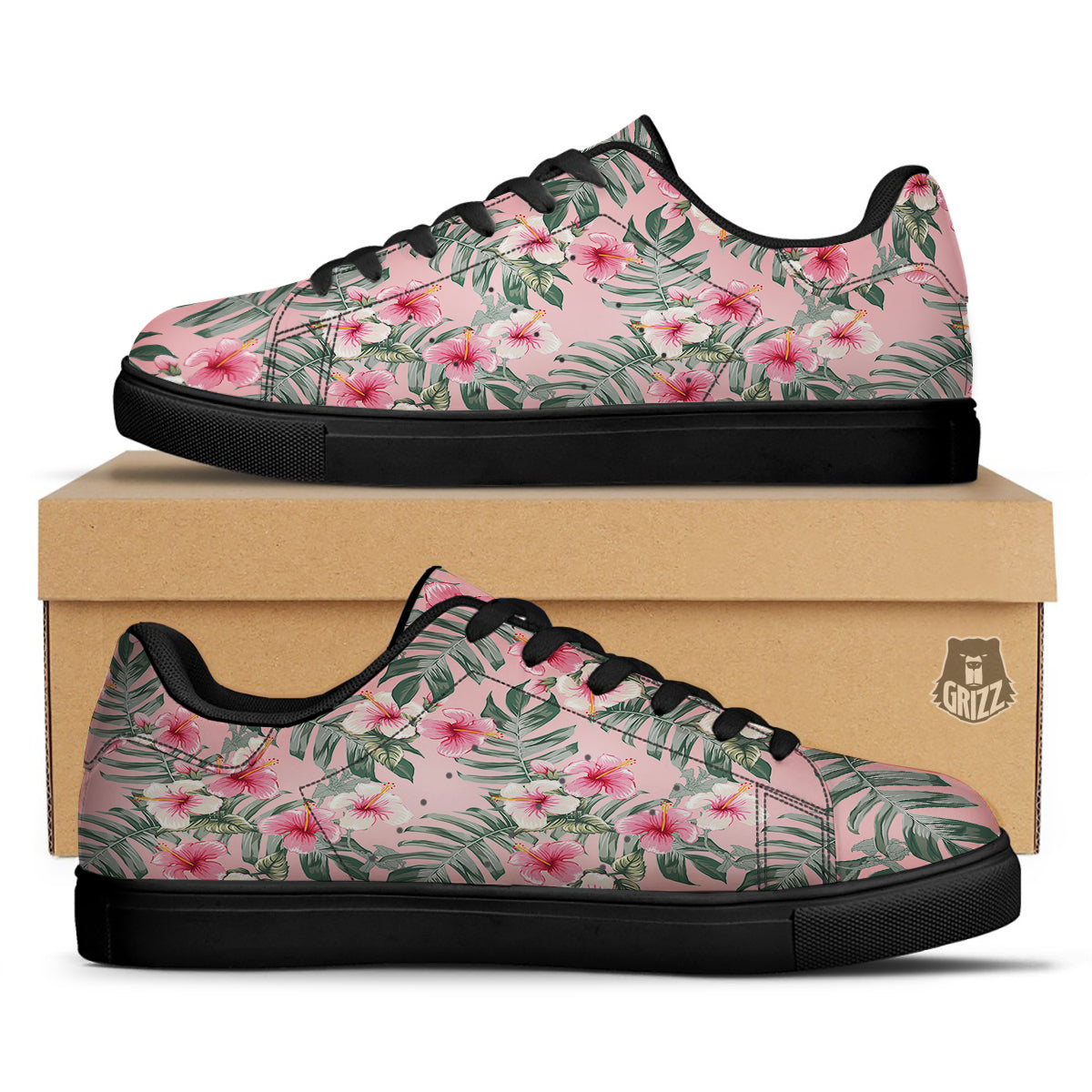 Flower Frangipani Tropical Print Pattern Black Low Top Sneakers-grizzshop