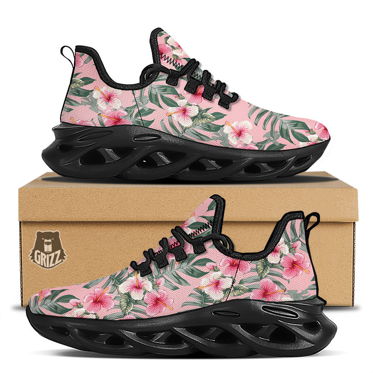 Flower Frangipani Tropical Print Pattern Black Running Shoes-grizzshop