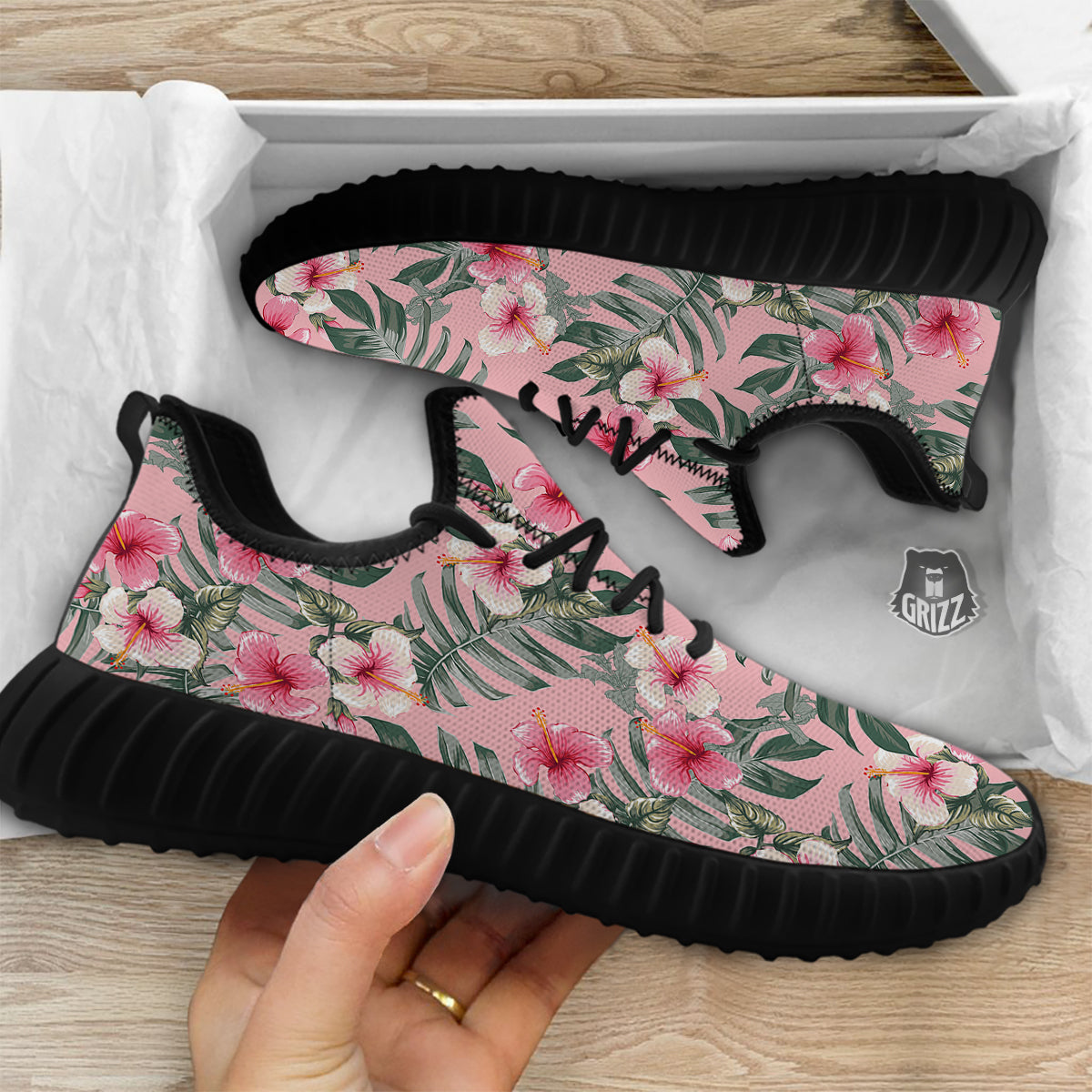 Flower Frangipani Tropical Print Pattern Black Walking Shoes-grizzshop