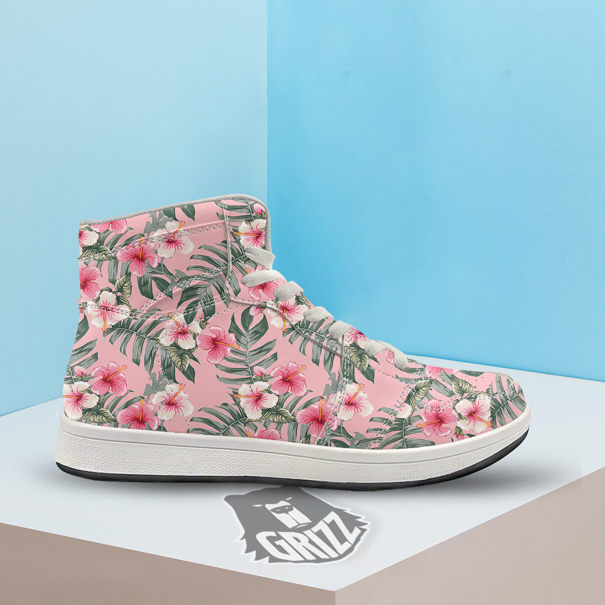 Flower Frangipani Tropical Print Pattern High Top Sneakers-grizzshop