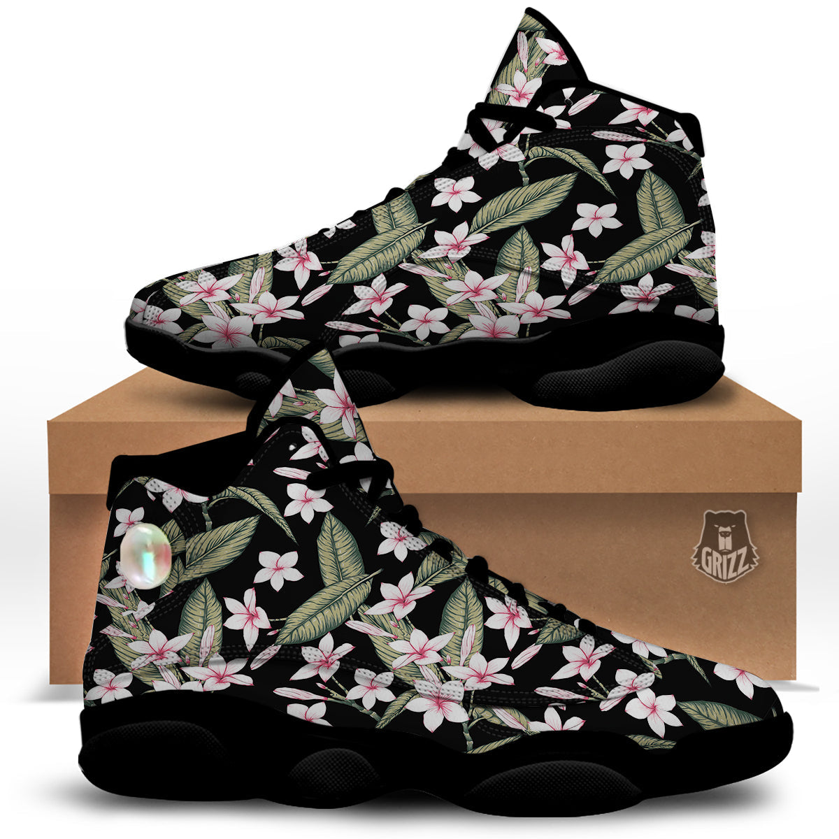 Flower Frangipani Watercolor Print Pattern Black Basketball Shoes-grizzshop
