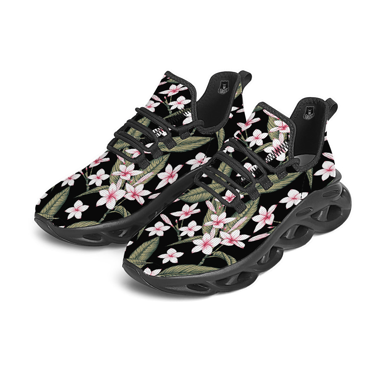 Flower Frangipani Watercolor Print Pattern Black Running Shoes-grizzshop