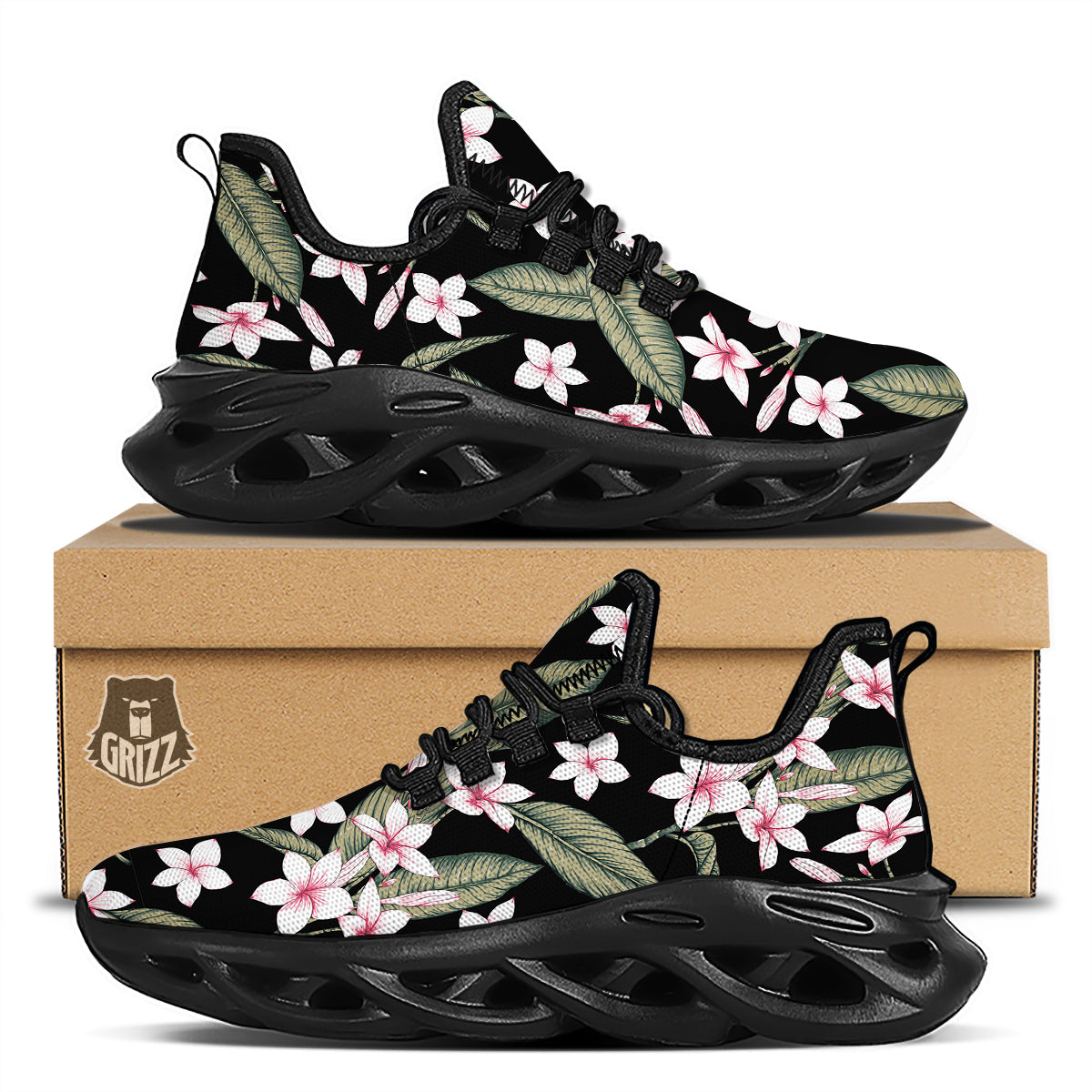 Flower Frangipani Watercolor Print Pattern Black Running Shoes-grizzshop