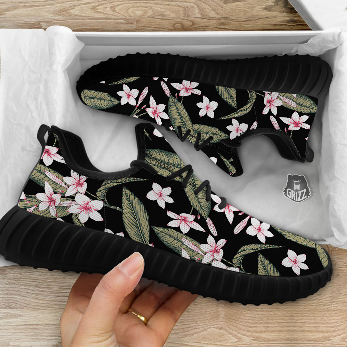 Flower Frangipani Watercolor Print Pattern Black Walking Shoes-grizzshop