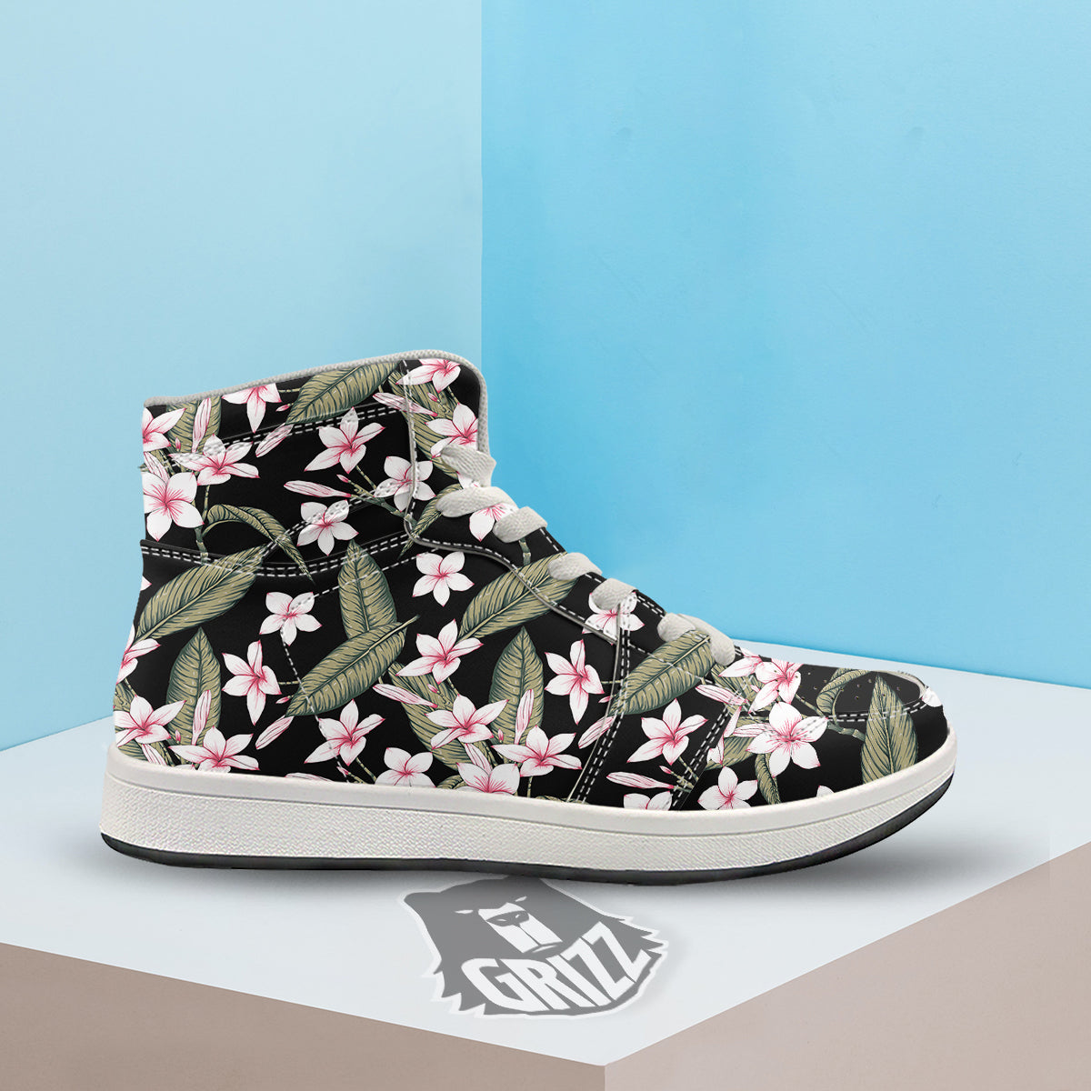 Flower Frangipani Watercolor Print Pattern High Top Sneakers-grizzshop