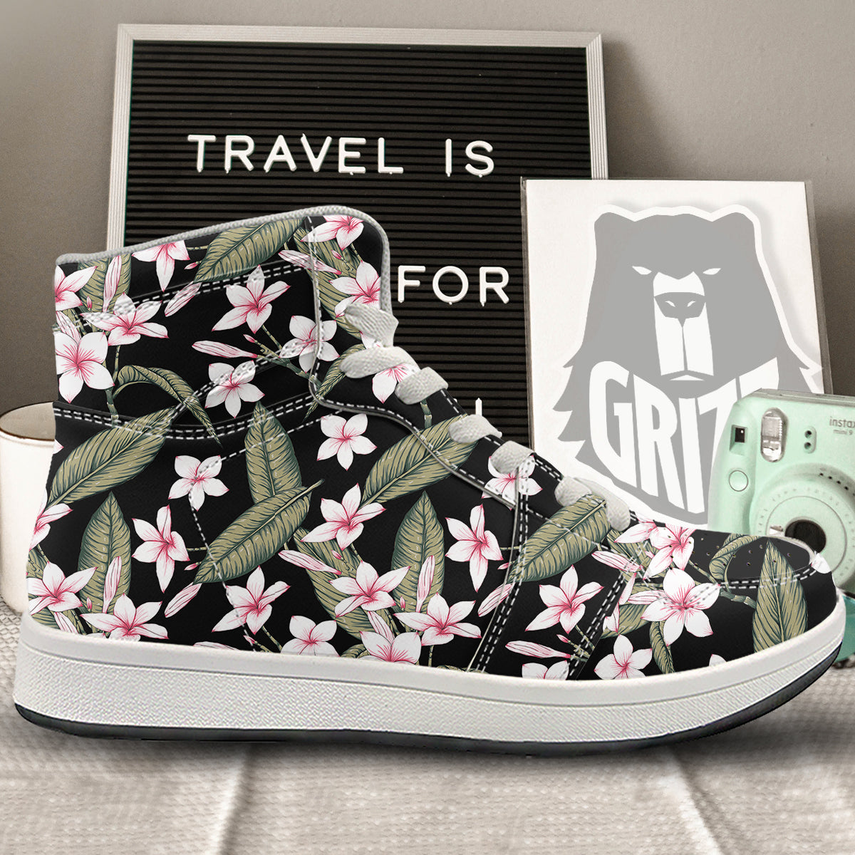 Flower Frangipani Watercolor Print Pattern High Top Sneakers-grizzshop