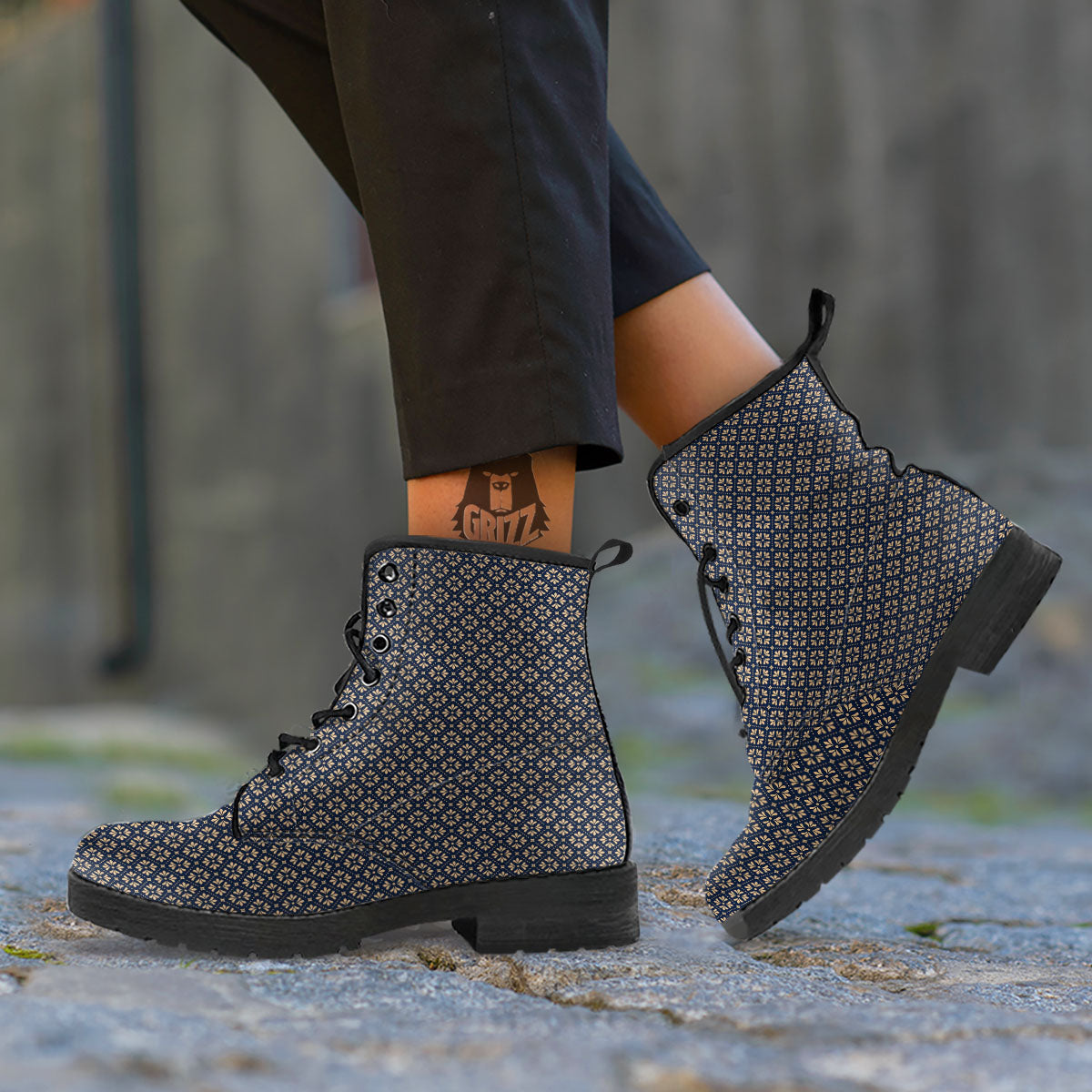 Flower Geometric Dot Print Pattern Leather Boots-grizzshop