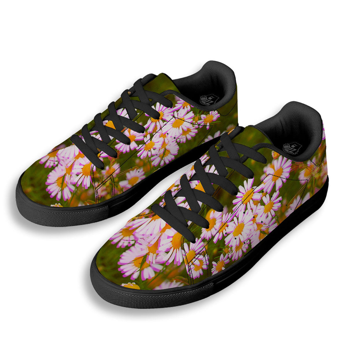 Flower Glitch Daisy Print Black Low Top Sneakers-grizzshop