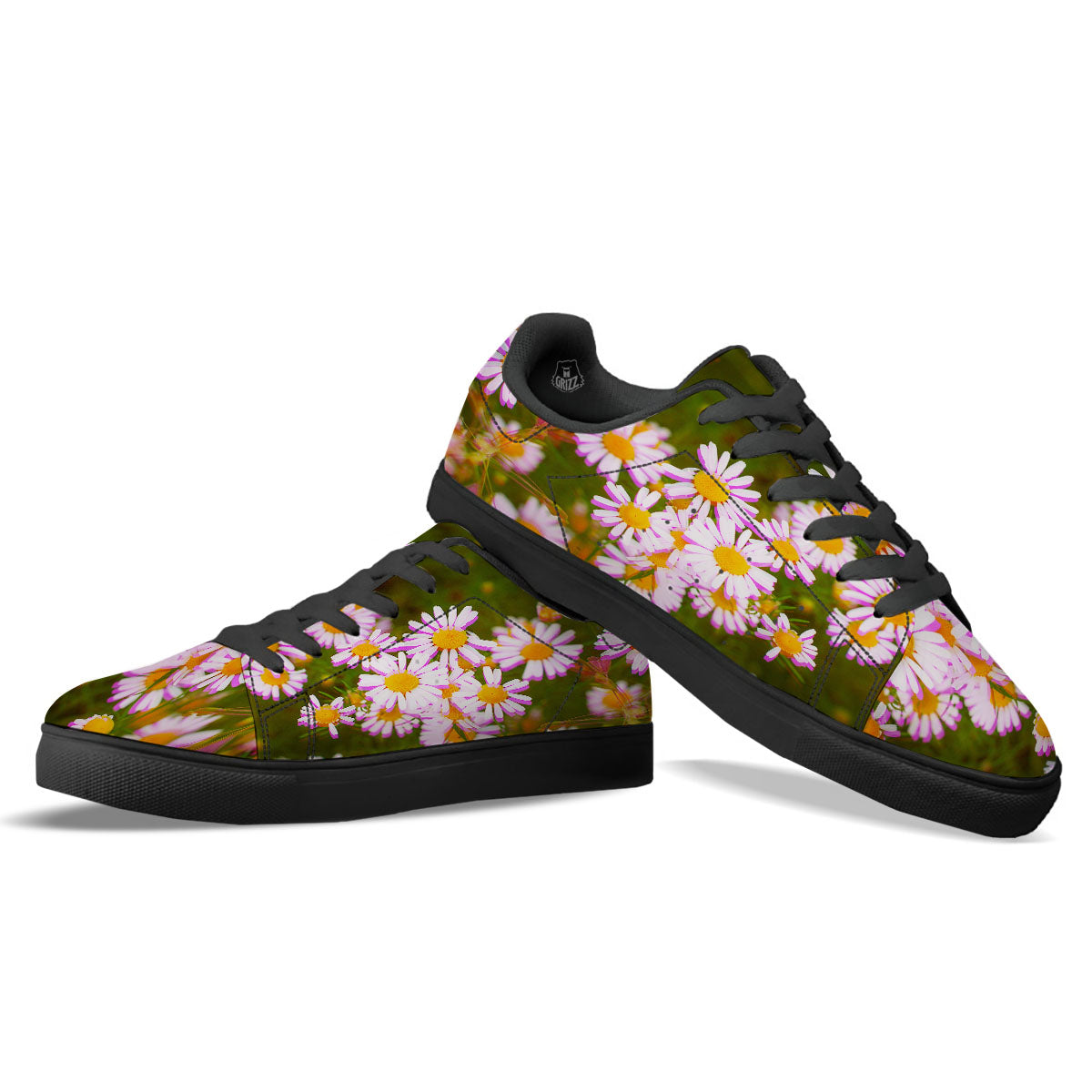 Flower Glitch Daisy Print Black Low Top Sneakers-grizzshop