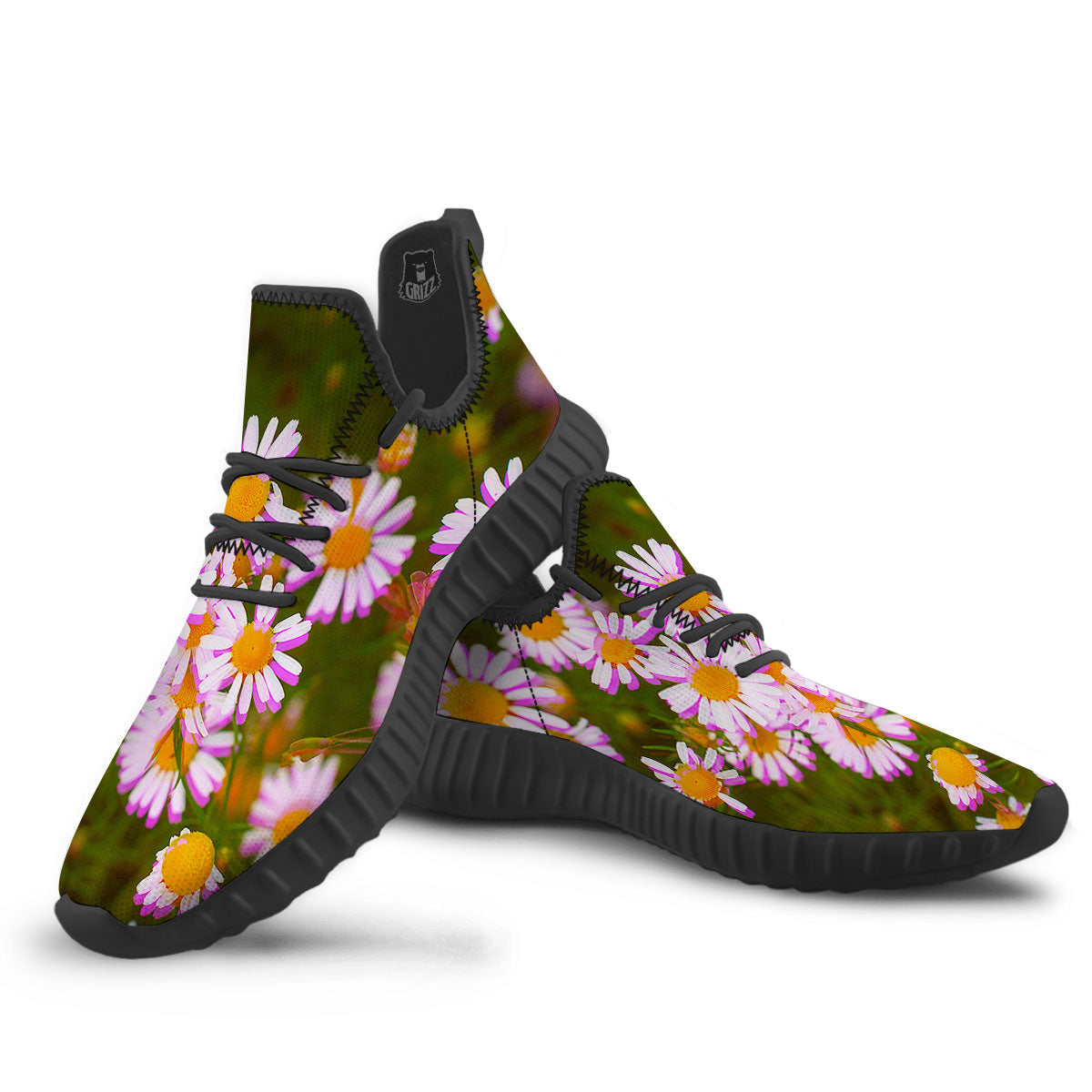 Flower Glitch Daisy Print Black Walking Shoes-grizzshop