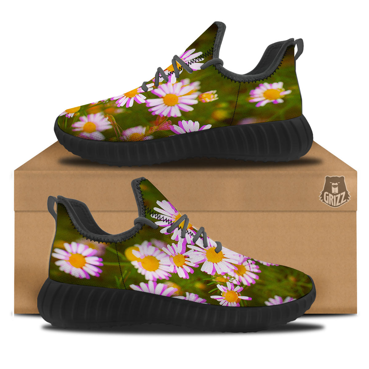 Flower Glitch Daisy Print Black Walking Shoes-grizzshop