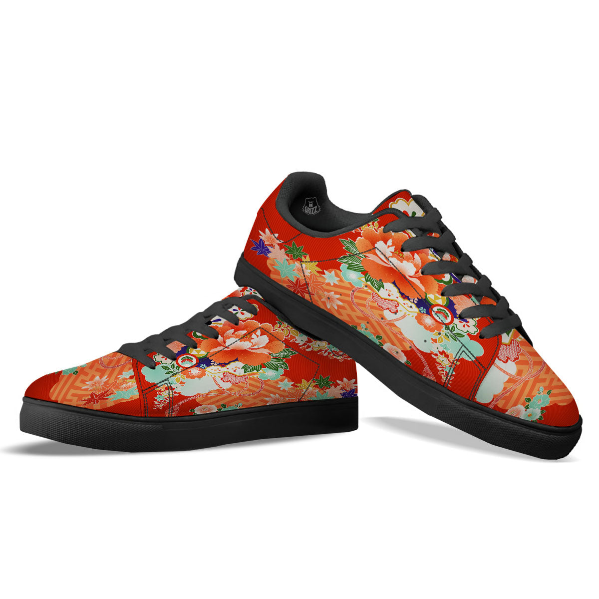 Flower Japanese Print Black Low Top Sneakers-grizzshop
