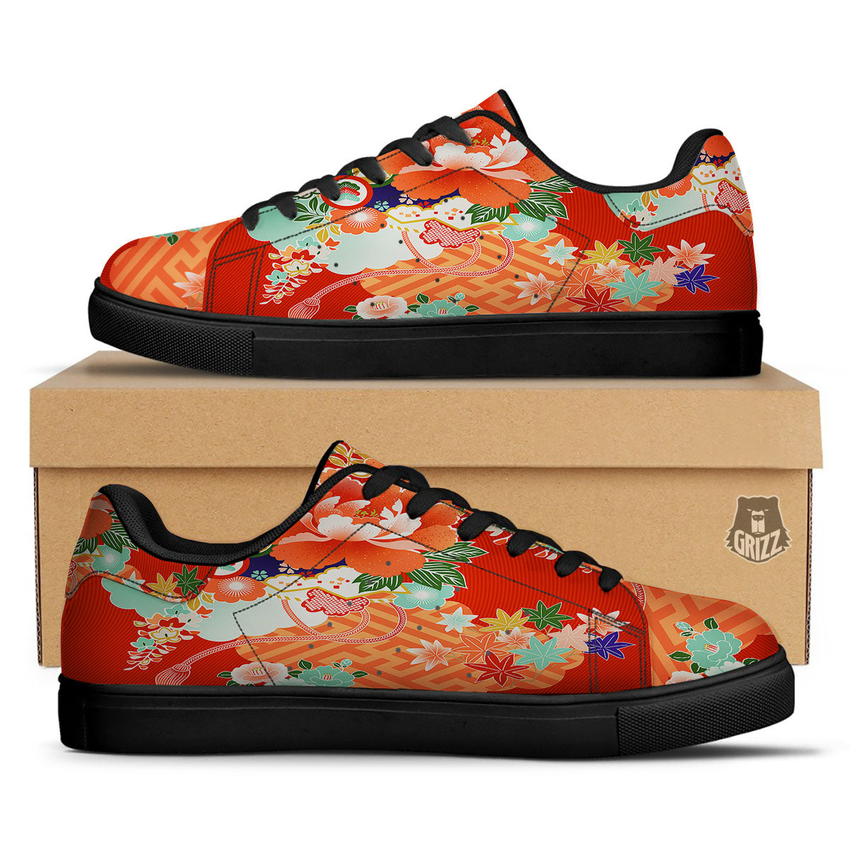 Flower Japanese Print Black Low Top Sneakers-grizzshop