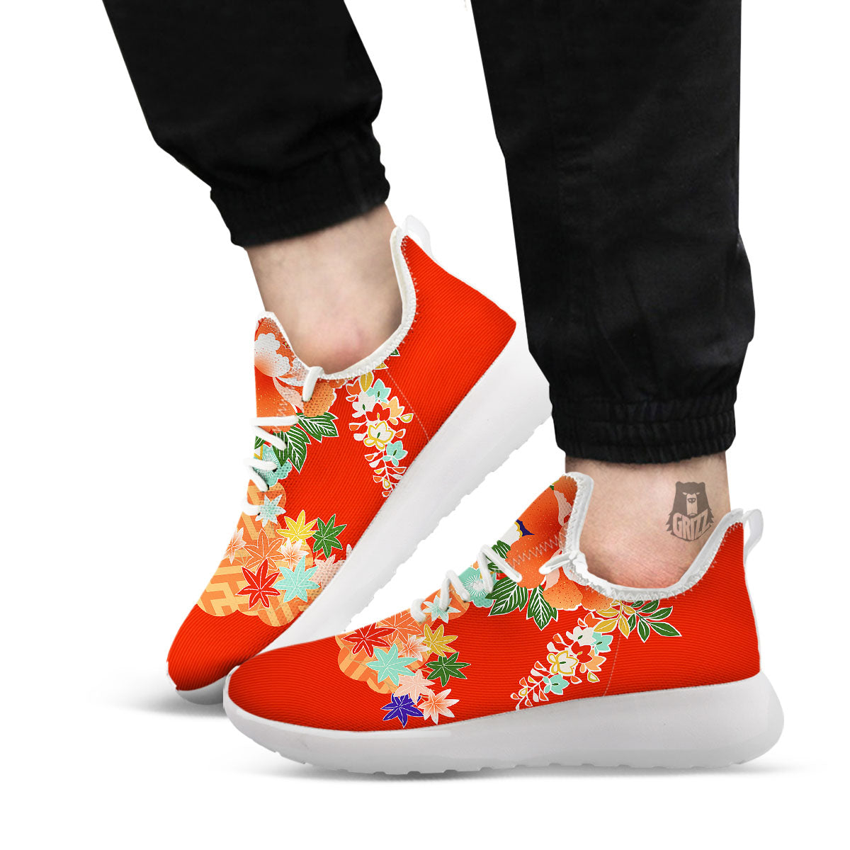 Flower Japanese Print White Athletic Shoes-grizzshop