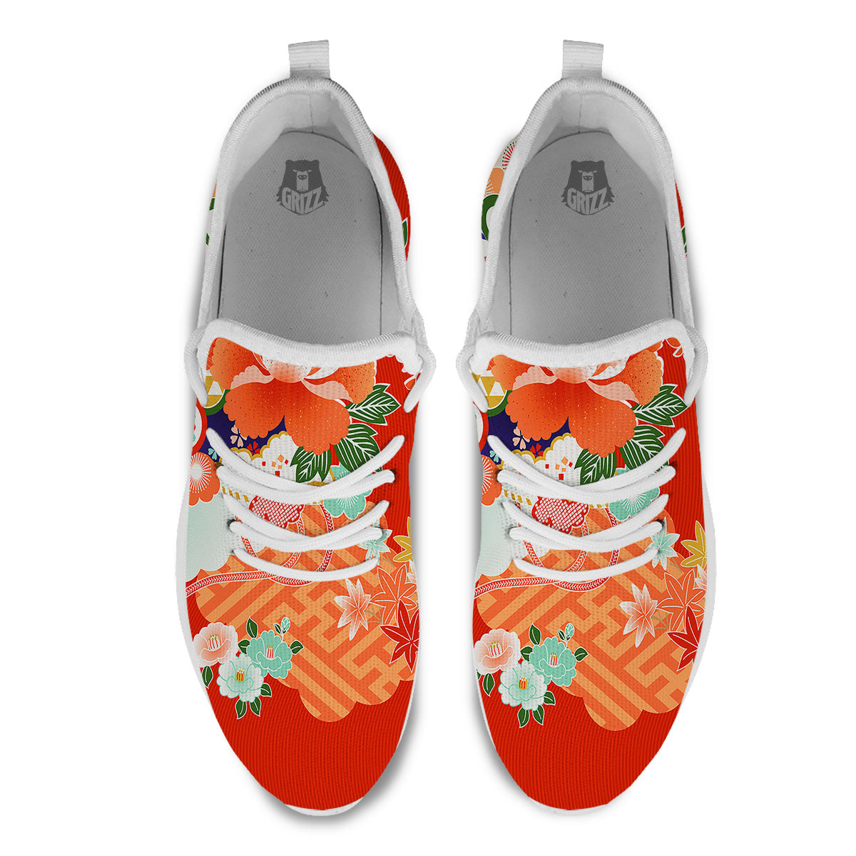 Flower Japanese Print White Athletic Shoes-grizzshop