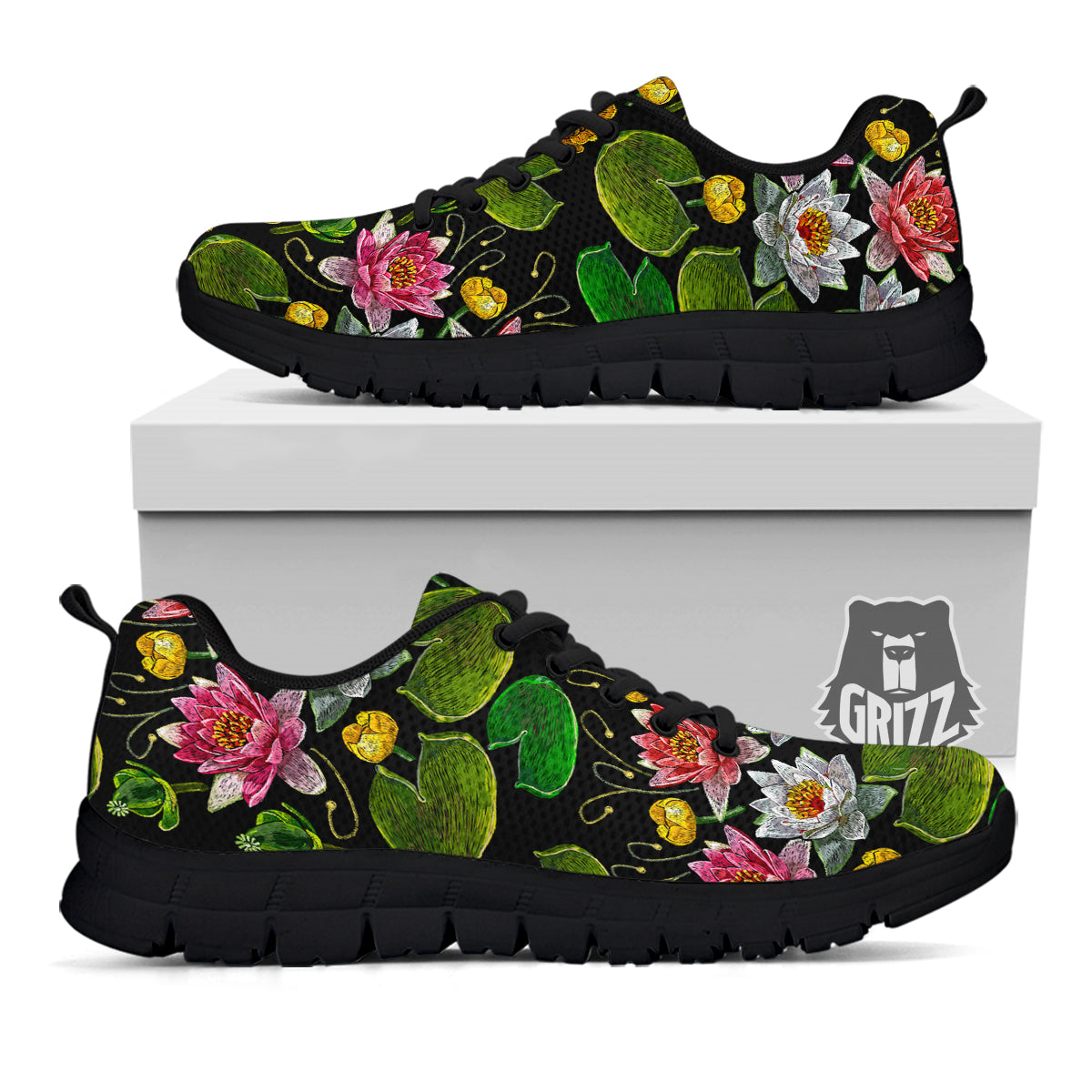 Flower Lily Water Print Pattern Black Sneaker-grizzshop