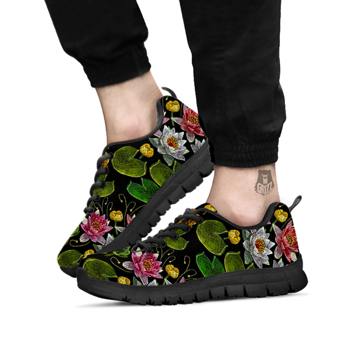 Flower Lily Water Print Pattern Black Sneaker-grizzshop