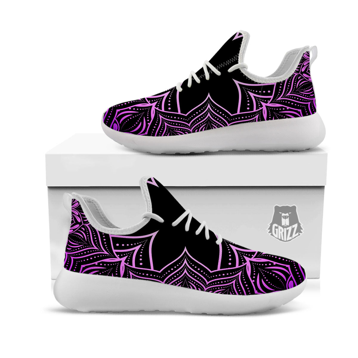 Flower Mandala Purple Print White Athletic Shoes-grizzshop