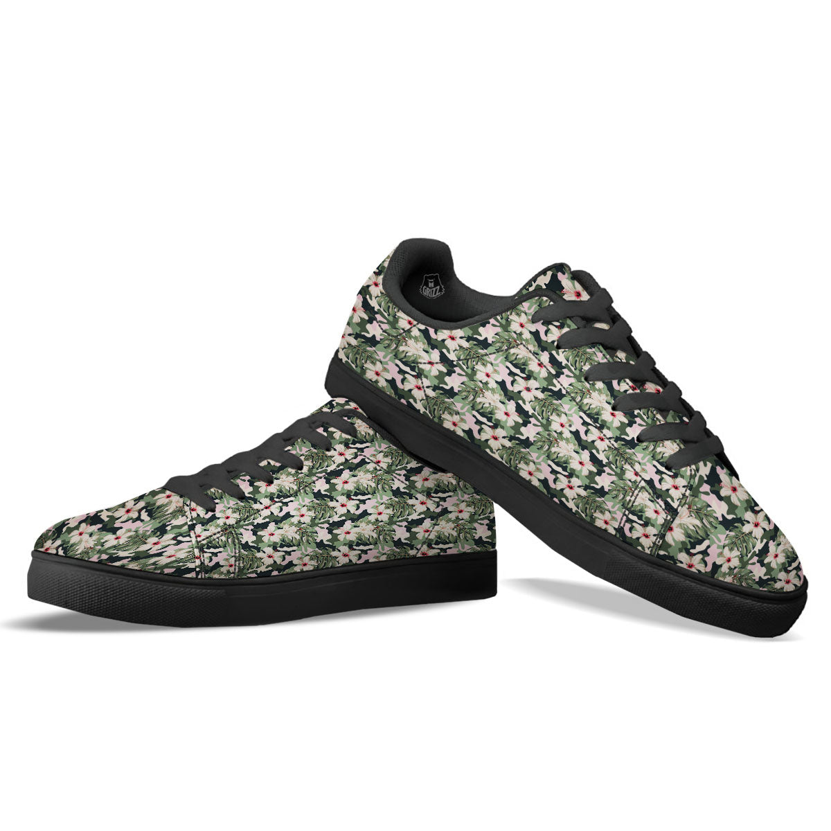 Flower Military Camouflage Print Pattern Black Low Top Sneakers-grizzshop