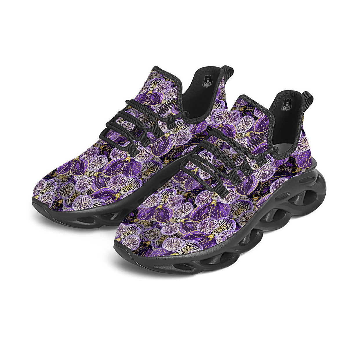 Flower Orchid Purple Print Pattern Black Running Shoes-grizzshop