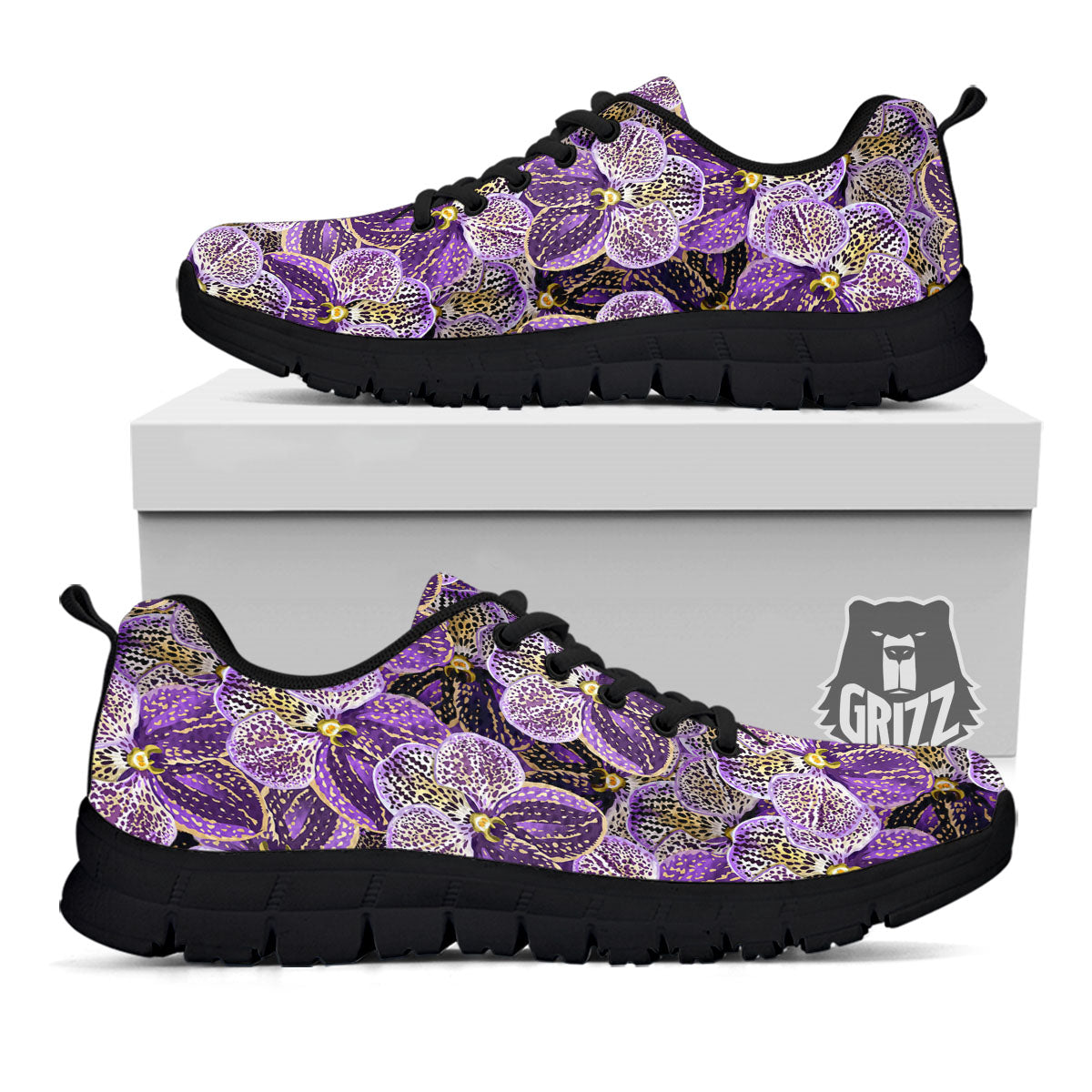 Flower Orchid Purple Print Pattern Black Sneaker-grizzshop