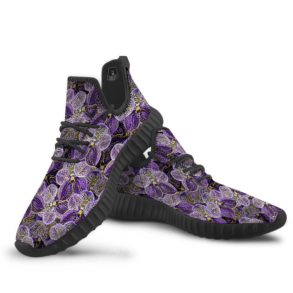 Flower Orchid Purple Print Pattern Black Walking Shoes-grizzshop