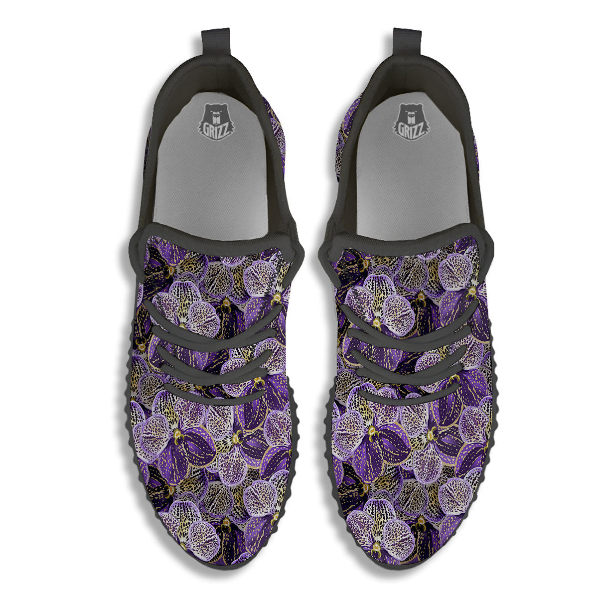 Flower Orchid Purple Print Pattern Black Walking Shoes-grizzshop