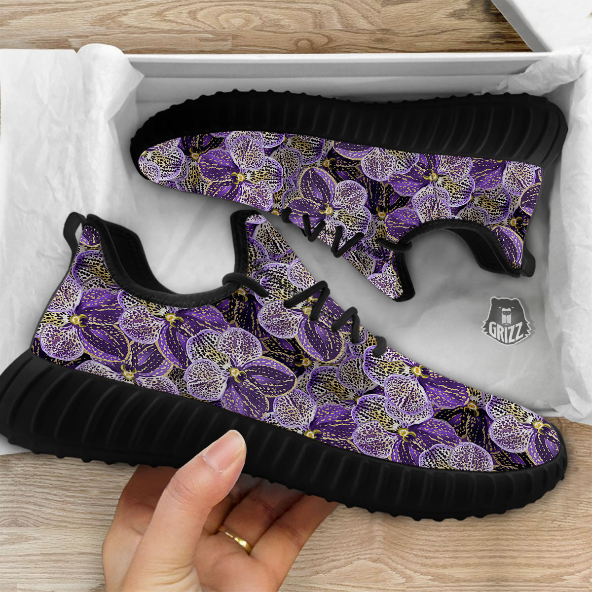 Flower Orchid Purple Print Pattern Black Walking Shoes-grizzshop