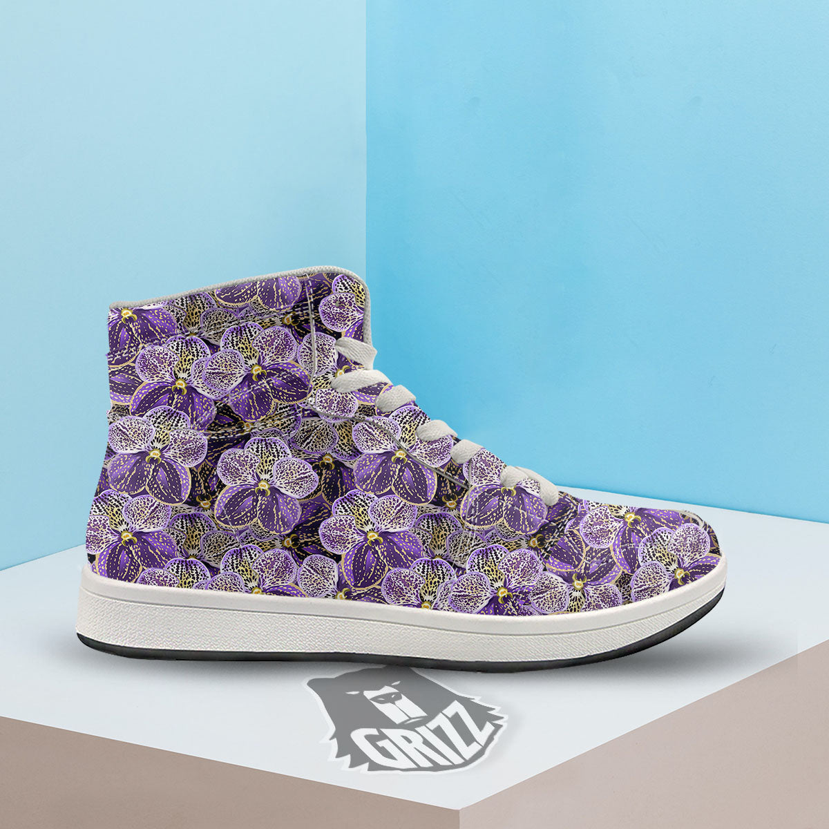 Flower Orchid Purple Print Pattern High Top Sneakers-grizzshop