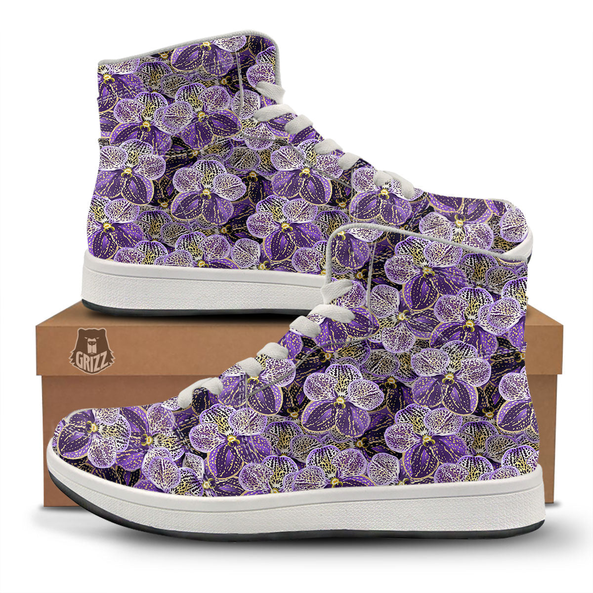 Flower Orchid Purple Print Pattern High Top Sneakers-grizzshop