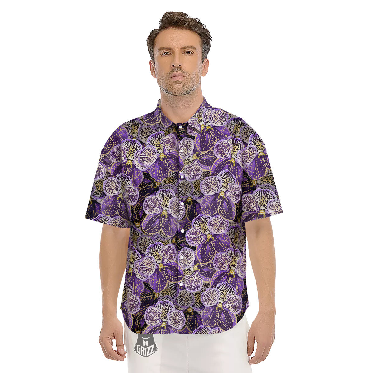 Flower Orchid Purple Print Pattern Men's Short Sleeve Shirts-grizzshop