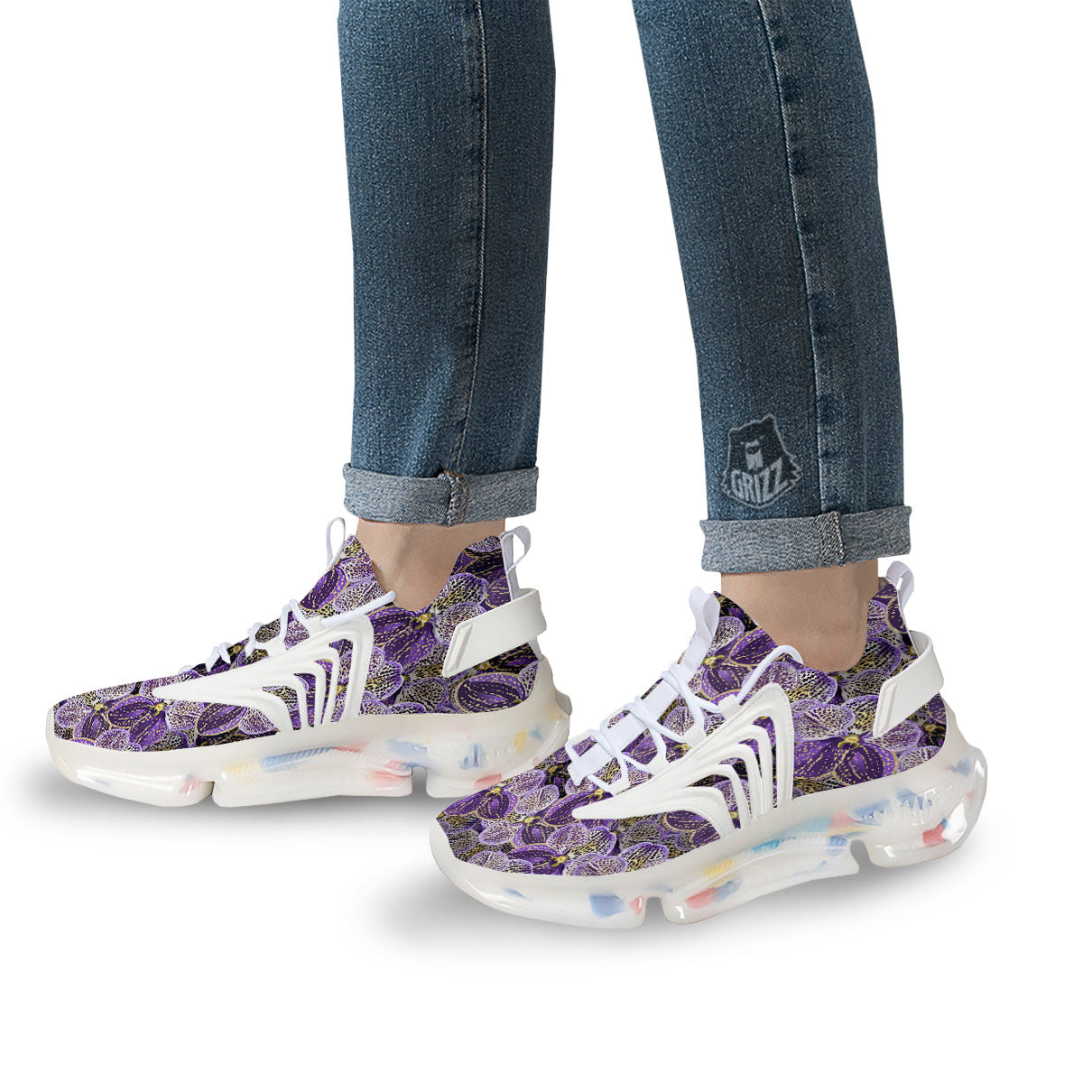 Flower Orchid Purple Print Pattern White Gym Shoes-grizzshop