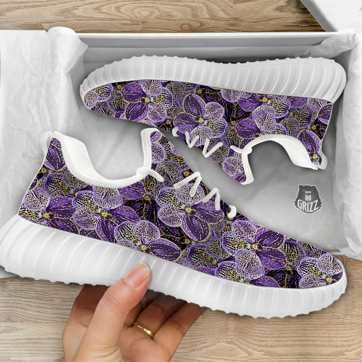 Flower Orchid Purple Print Pattern White Walking Shoes-grizzshop